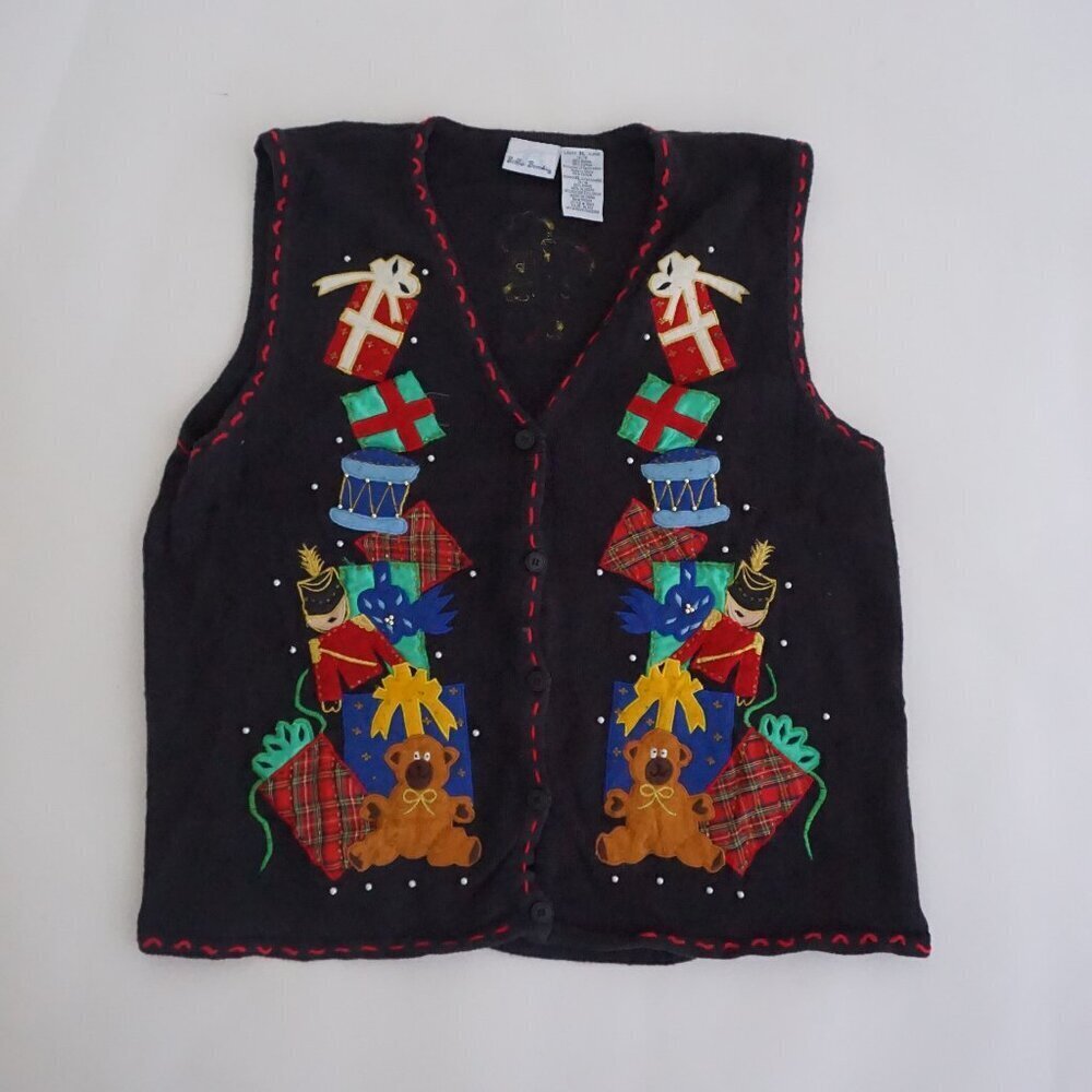 Vintage Bobbie Brooks Black Knit Teddy Bear Toy Drum Gift Plaid Holiday Vest XL